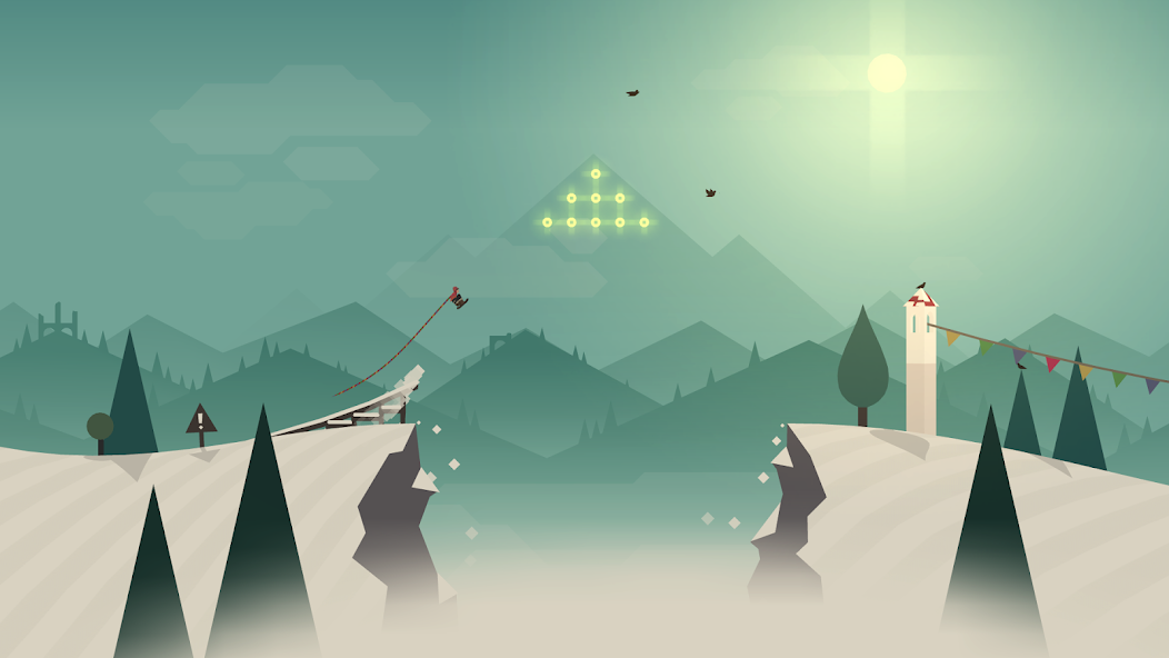 Alto snowboarding across a snowy mountain at sunset